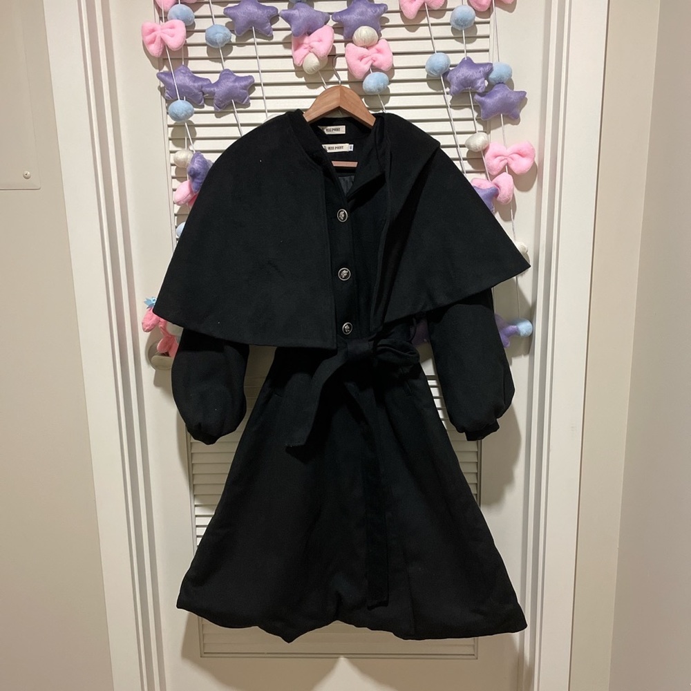 Miss Point flared belted coat with pointed hood and cape
